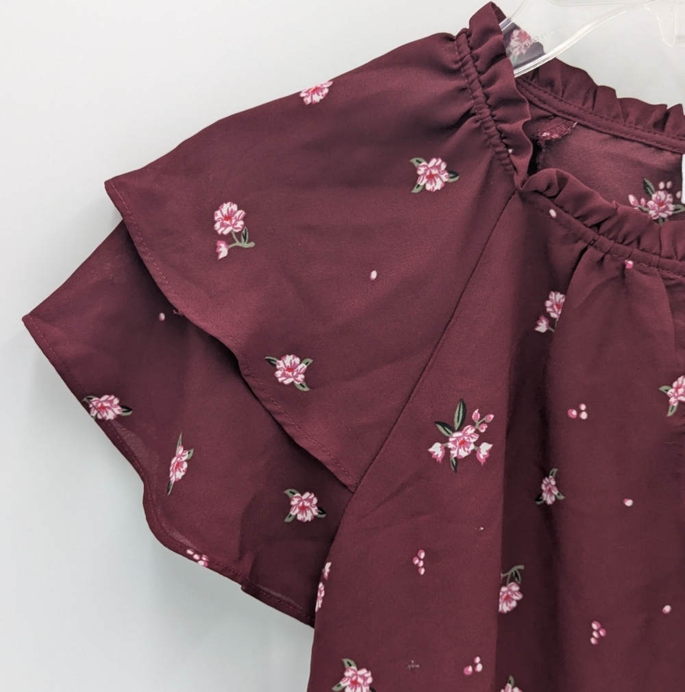 Old Navy Floral Burgundy Blouse Medium Layered Short Sleeve Ruffle Neck Boho - Picture 8 of 9